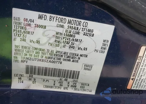 2005 Ford Explorer Xlt/Xlt Sport from USA, damaged, VIN 1FMZU73K85ZA00778